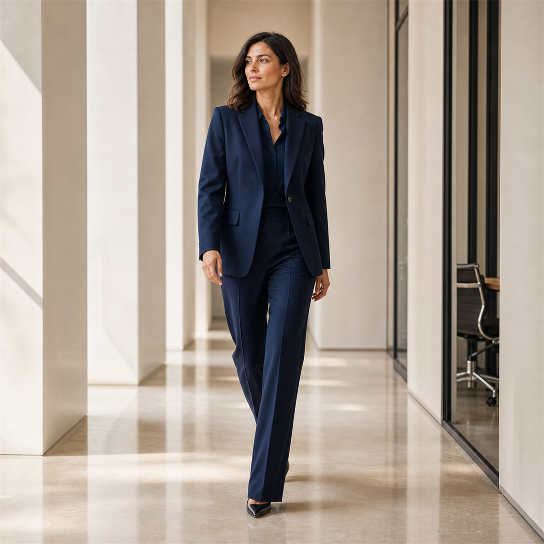 Donna tailleur navy ufficio Milano corridoio