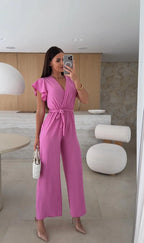 Tuta jumpsuit donna rosa scollo V manica a volant vita alta con cintura