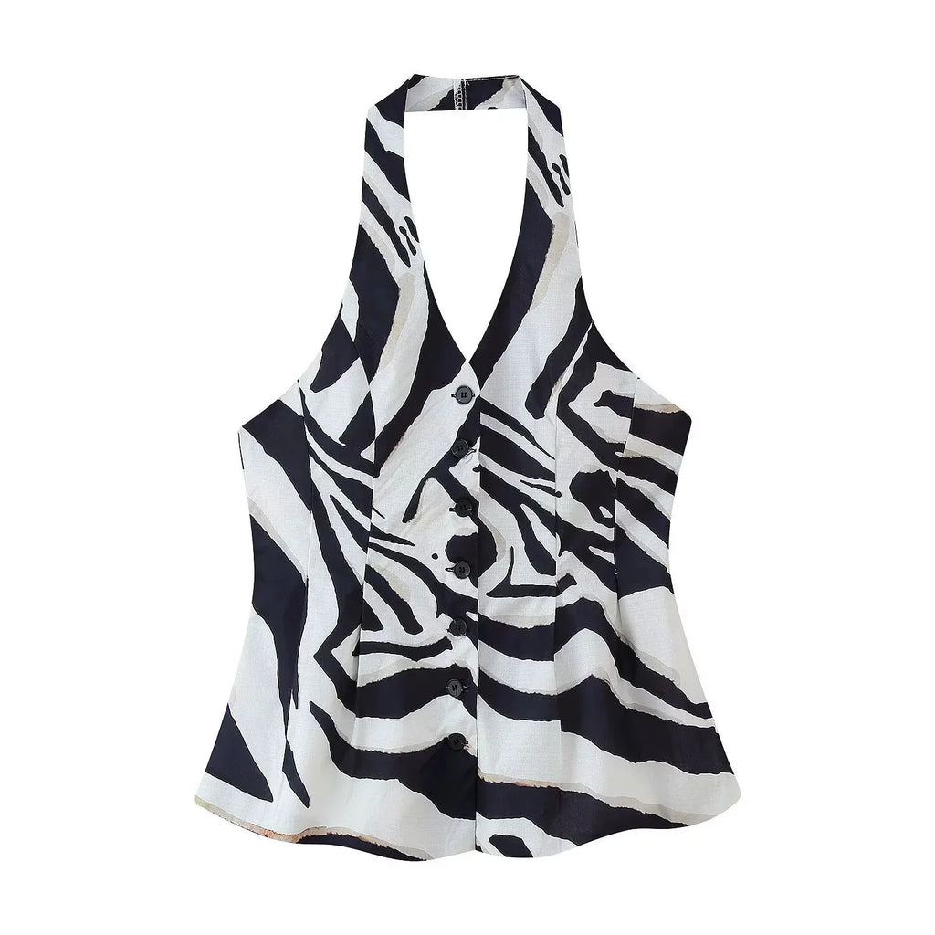 Gilet halter donna stampa zebrata con bottoni - vista frontale