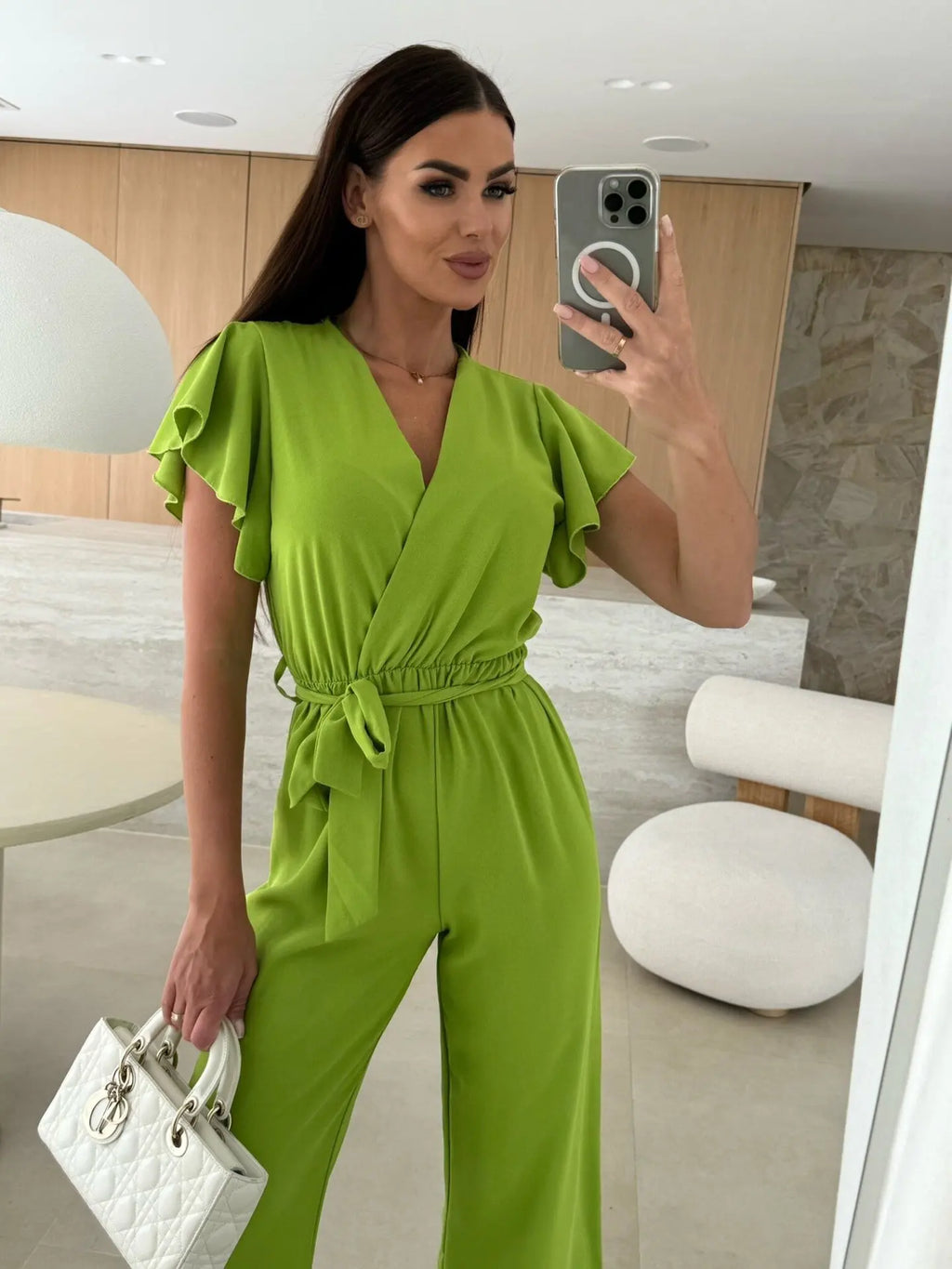 Jumpsuit donna verde scollo V manica a volant cintura vita alta