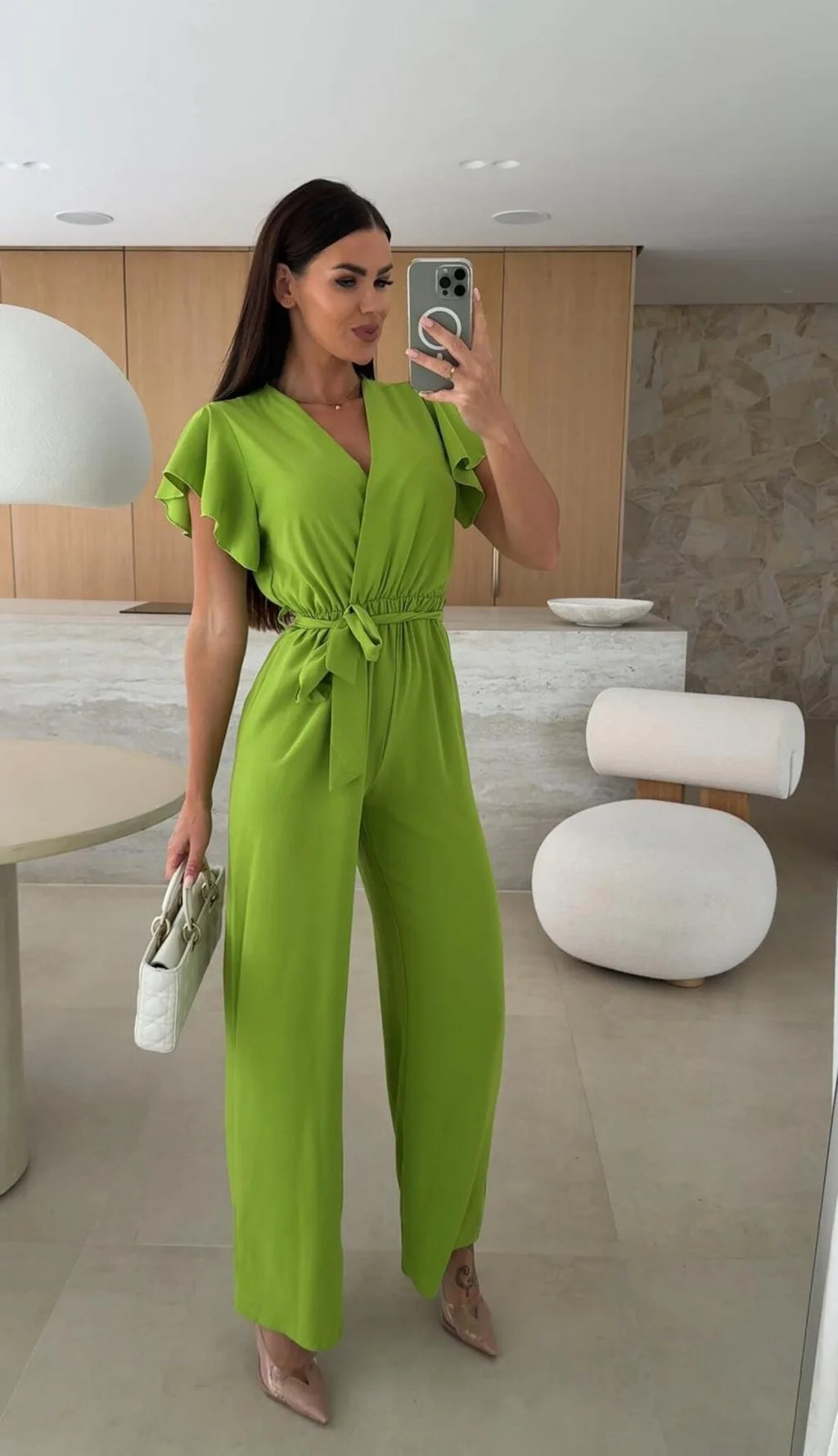 Tuta donna verde scollo V cintura annodata pantaloni gamba larga lifestyle