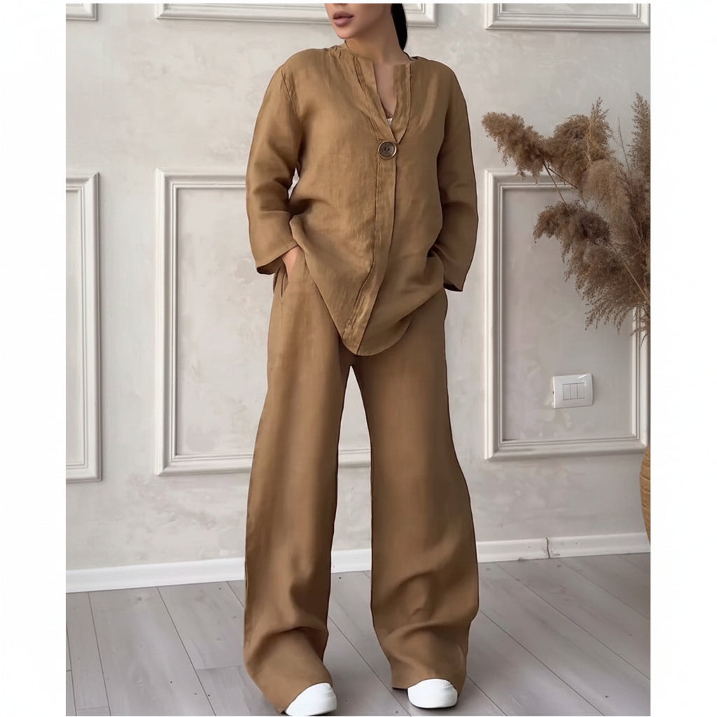 Women's 2-Piece Outfit – Long Sleeve Top and Cotton Linen Trousers