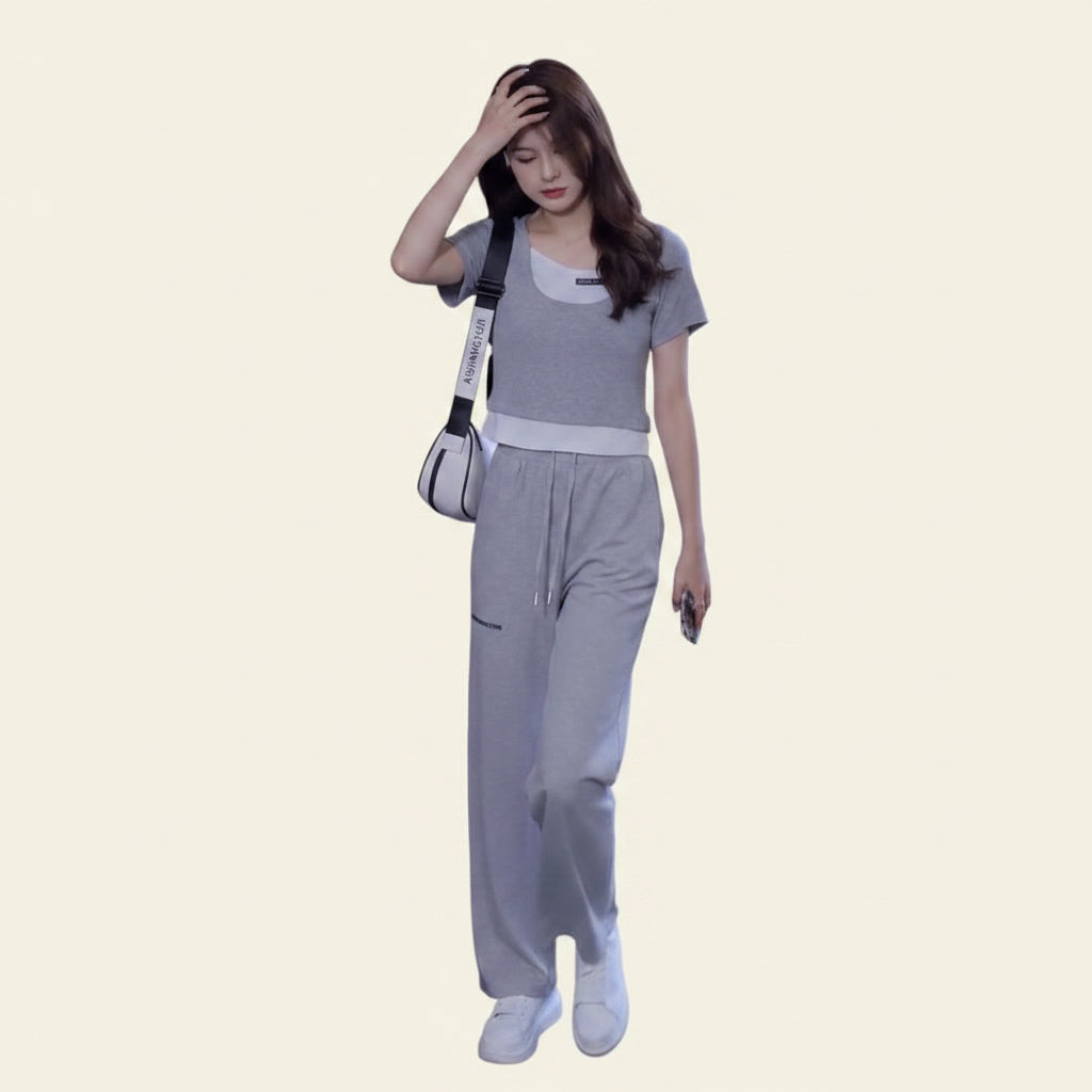 Women's 2-Piece Sporty Casual Outfit - Two-Piece Look Top and Wide-Leg Pants