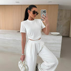 Completo Casual Donna 2 Pezzi - Top Maniche 3/4 e Pantaloni Wide-Leg con Cintura