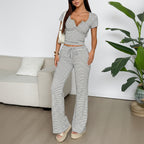 Women's 2-Piece Sporty Outfit - Button-Up Top and Black White Striped Pants