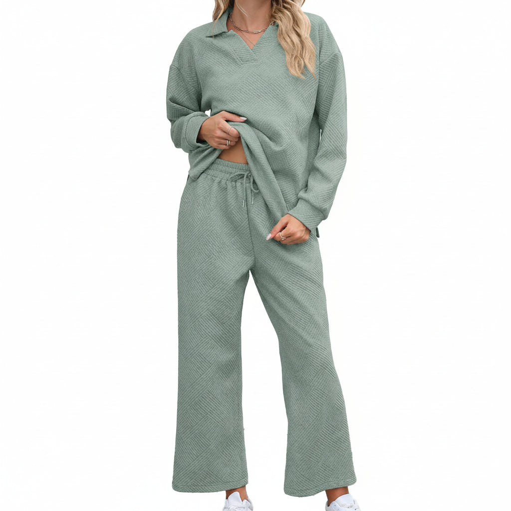 Women's Set - Long Sleeve Rolled Collar Sweatshirt and Elastic Waist Pants 5 Colors