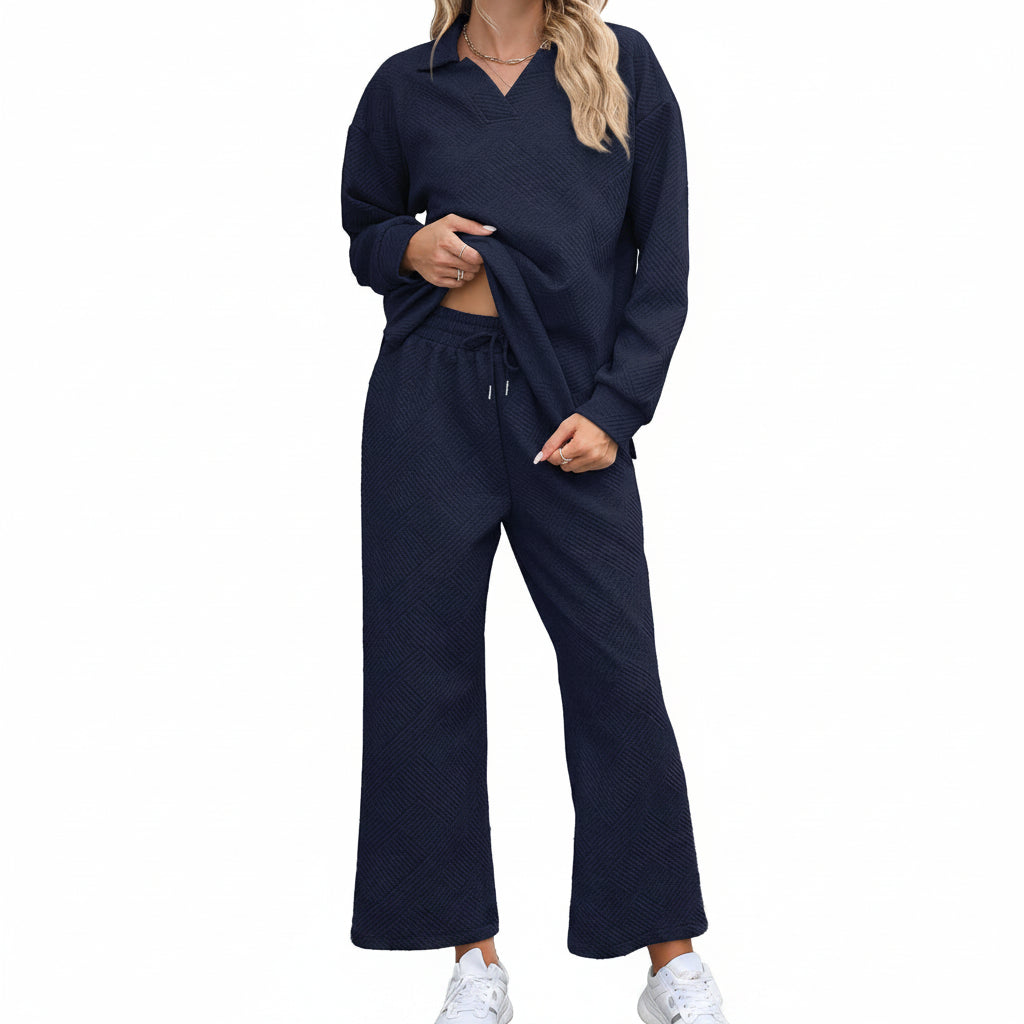 Women's Set - Long Sleeve Rolled Collar Sweatshirt and Elastic Waist Pants 5 Colors