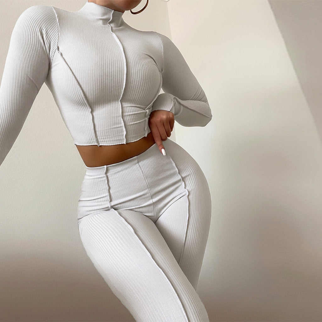 Women's Urban Style Two-Piece Set - Long Sleeve Top and High-Waist Pants