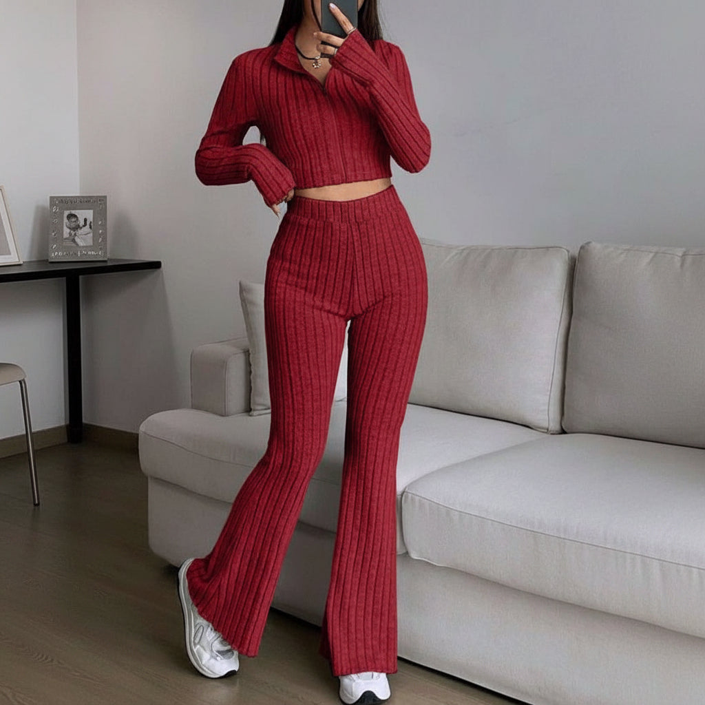 Women's Two-Piece Set | Zip Crop Top + High Waist Flared Trousers