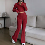 Women's Two-Piece Set | Zip Crop Top + High Waist Flared Trousers