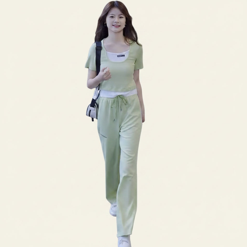 Women's 2-Piece Sporty Casual Outfit - Two-Piece Look Top and Wide-Leg Pants