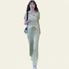 Women's 2-Piece Sporty Casual Outfit - Two-Piece Look Top and Wide-Leg Pants