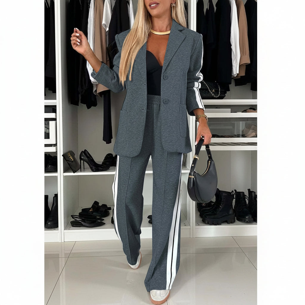 Tailleur Donna Casual Chic - Giacca con Revers a Tacca e Pantaloni Vita Alta a Righe