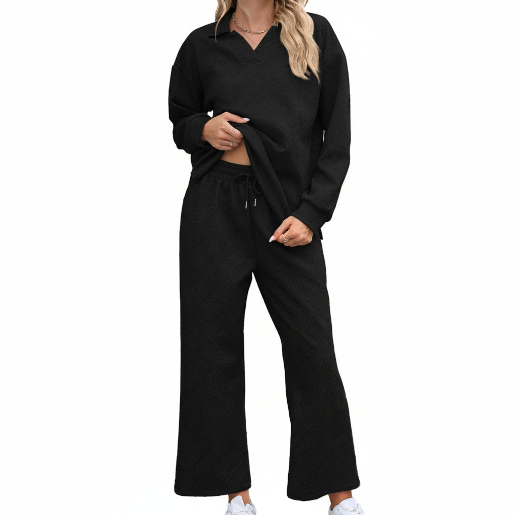 Women's Set - Long Sleeve Rolled Collar Sweatshirt and Elastic Waist Pants 5 Colors