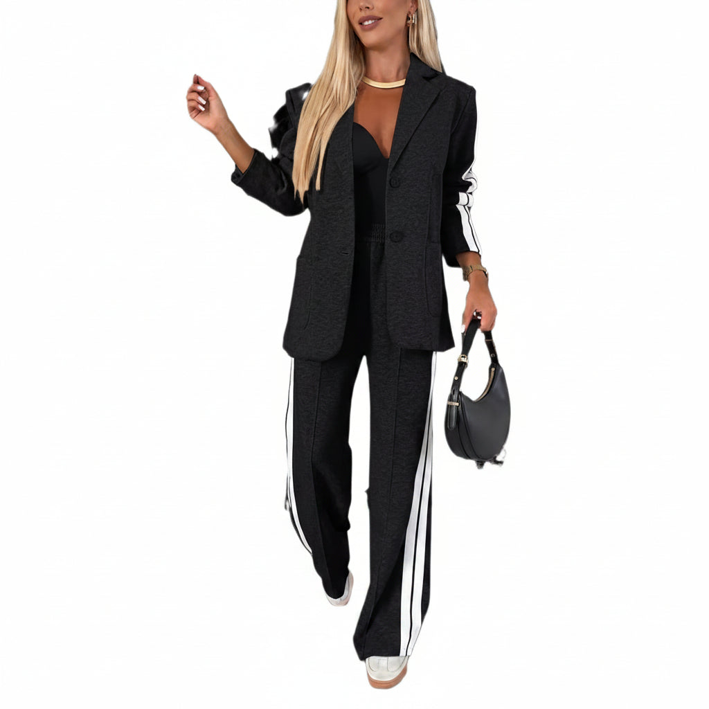 Women's Casual Chic Suit - Notched Lapel Jacket and High-Waisted Striped Trousers