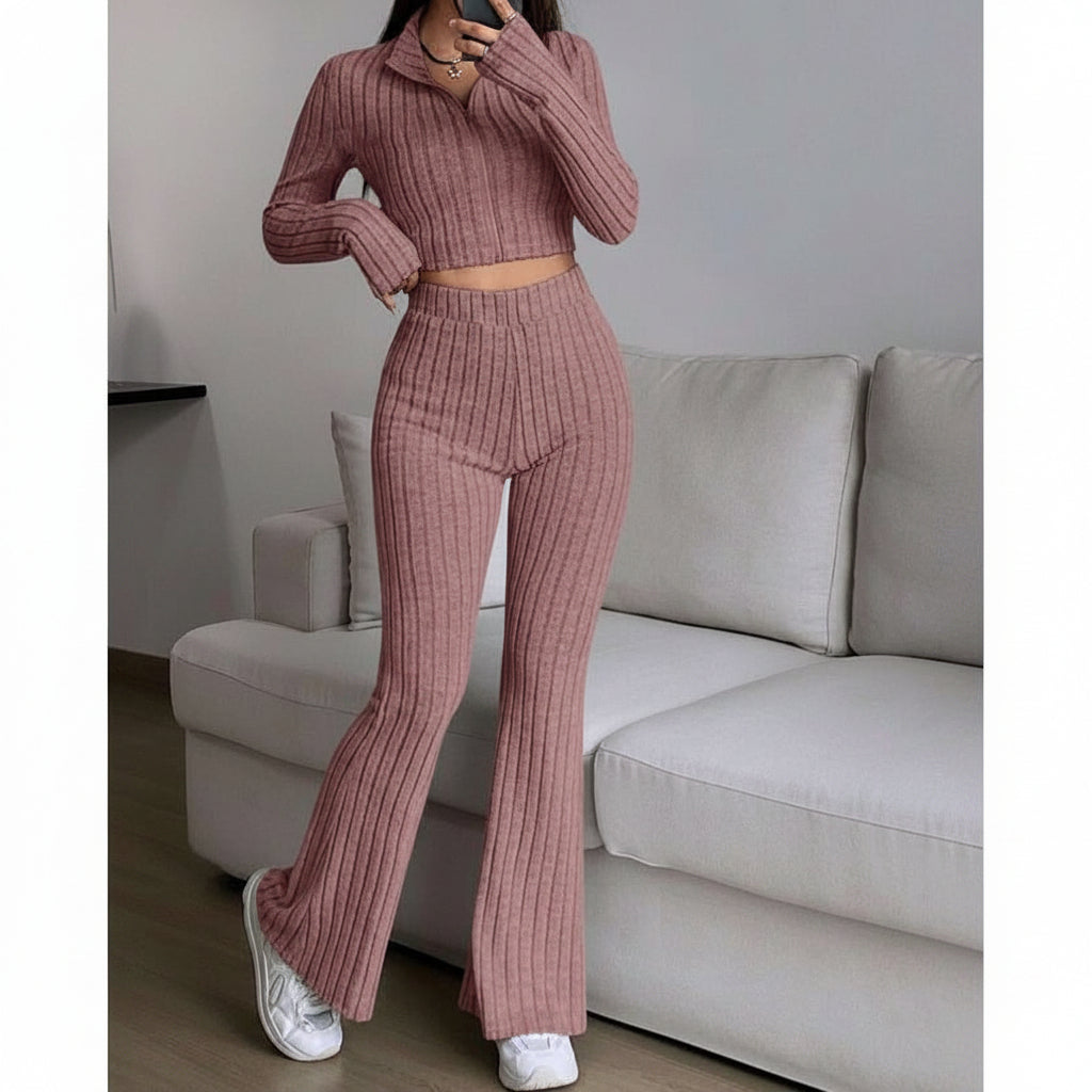 Women's Two-Piece Set | Zip Crop Top + High Waist Flared Trousers