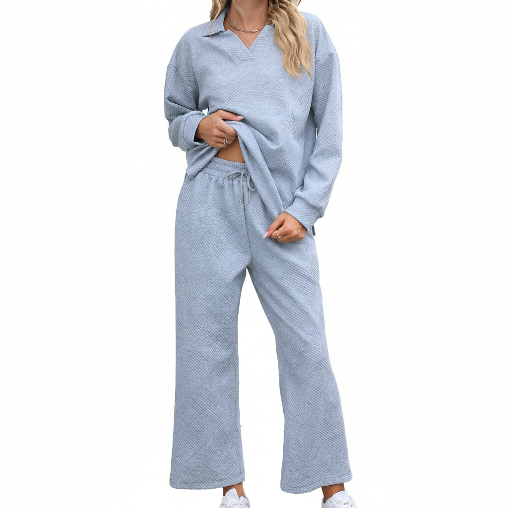 Women's Set - Long Sleeve Rolled Collar Sweatshirt and Elastic Waist Pants 5 Colors