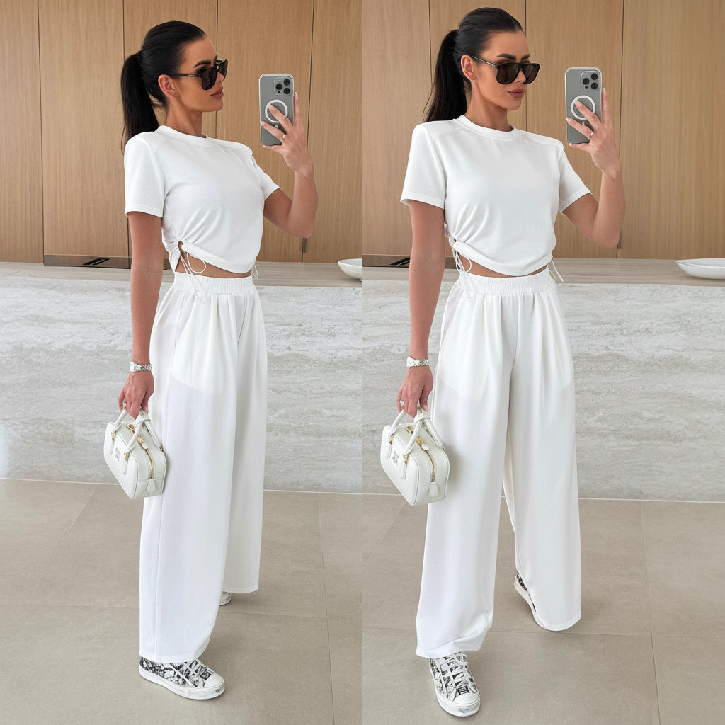 Completo Casual Donna 2 Pezzi - Top Maniche 3/4 e Pantaloni Wide-Leg con Cintura