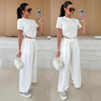 Completo Casual Donna 2 Pezzi - Top Maniche 3/4 e Pantaloni Wide-Leg con Cintura