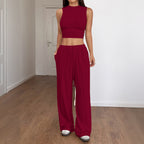 Women's Set – Sleeveless Tank Top and Wide-Leg Adhesive Fiber Trousers