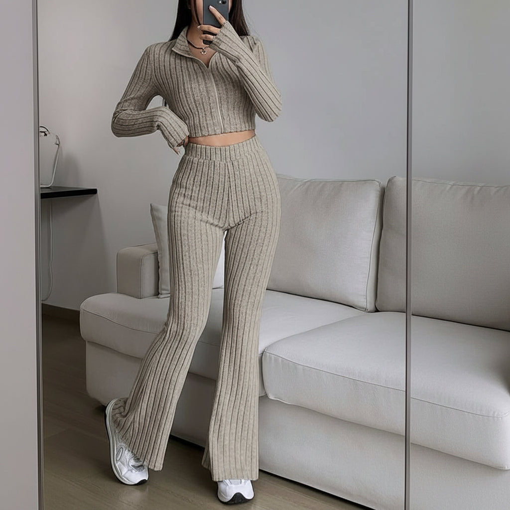 Women's Two-Piece Set | Zip Crop Top + High Waist Flared Trousers