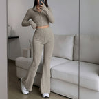 Women's Two-Piece Set | Zip Crop Top + High Waist Flared Trousers