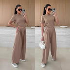 Completo Casual Donna 2 Pezzi - Top Maniche 3/4 e Pantaloni Wide-Leg con Cintura