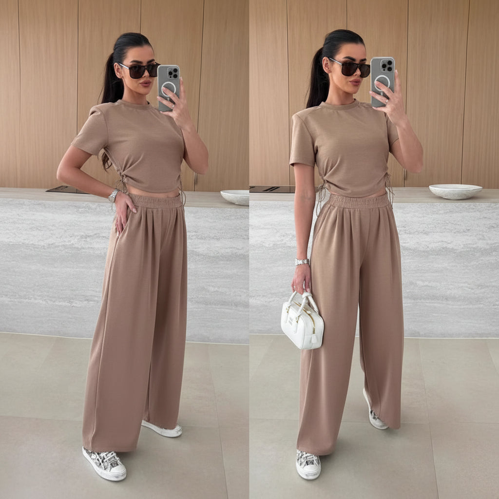 Completo Casual Donna 2 Pezzi - Top Maniche 3/4 e Pantaloni Wide-Leg con Cintura