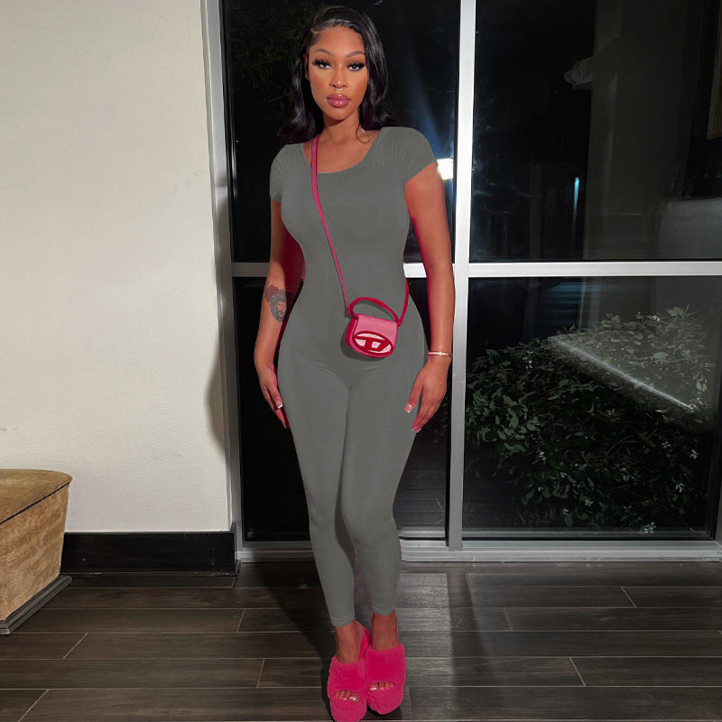 Women's Bodycon Short Sleeve Backless Jumpsuit - Knitted Summer Slim Fit Jumpsuit