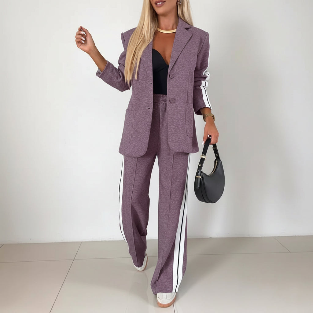 Women's Casual Chic Suit - Notched Lapel Jacket and High-Waisted Striped Trousers
