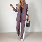 Women's Casual Chic Suit - Notched Lapel Jacket and High-Waisted Striped Trousers