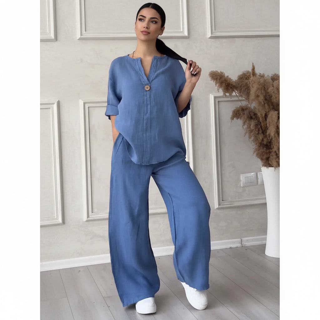 Women's 2-Piece Outfit – Long Sleeve Top and Cotton Linen Trousers