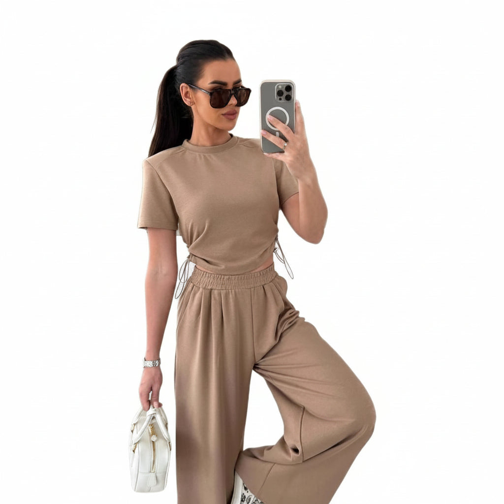 Completo Casual Donna 2 Pezzi - Top Maniche 3/4 e Pantaloni Wide-Leg con Cintura