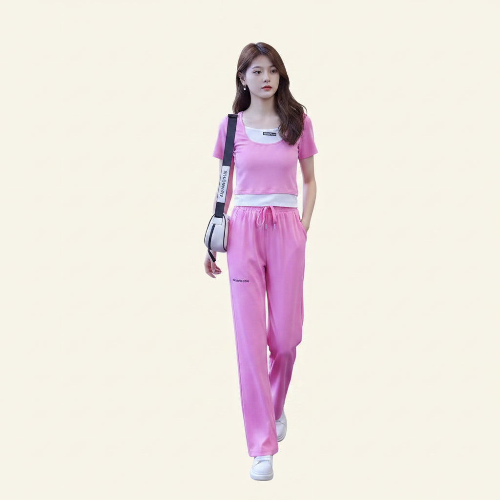 Women's 2-Piece Sporty Casual Outfit - Two-Piece Look Top and Wide-Leg Pants