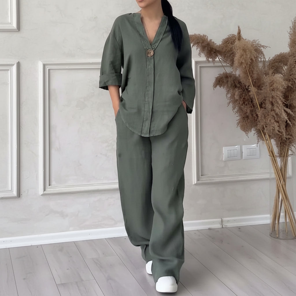 Completo Donna 2 Pezzi – Top Manica Lunga e Pantaloni in Cotone Lino