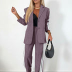 Women's Casual Chic Suit - Notched Lapel Jacket and High-Waisted Striped Trousers
