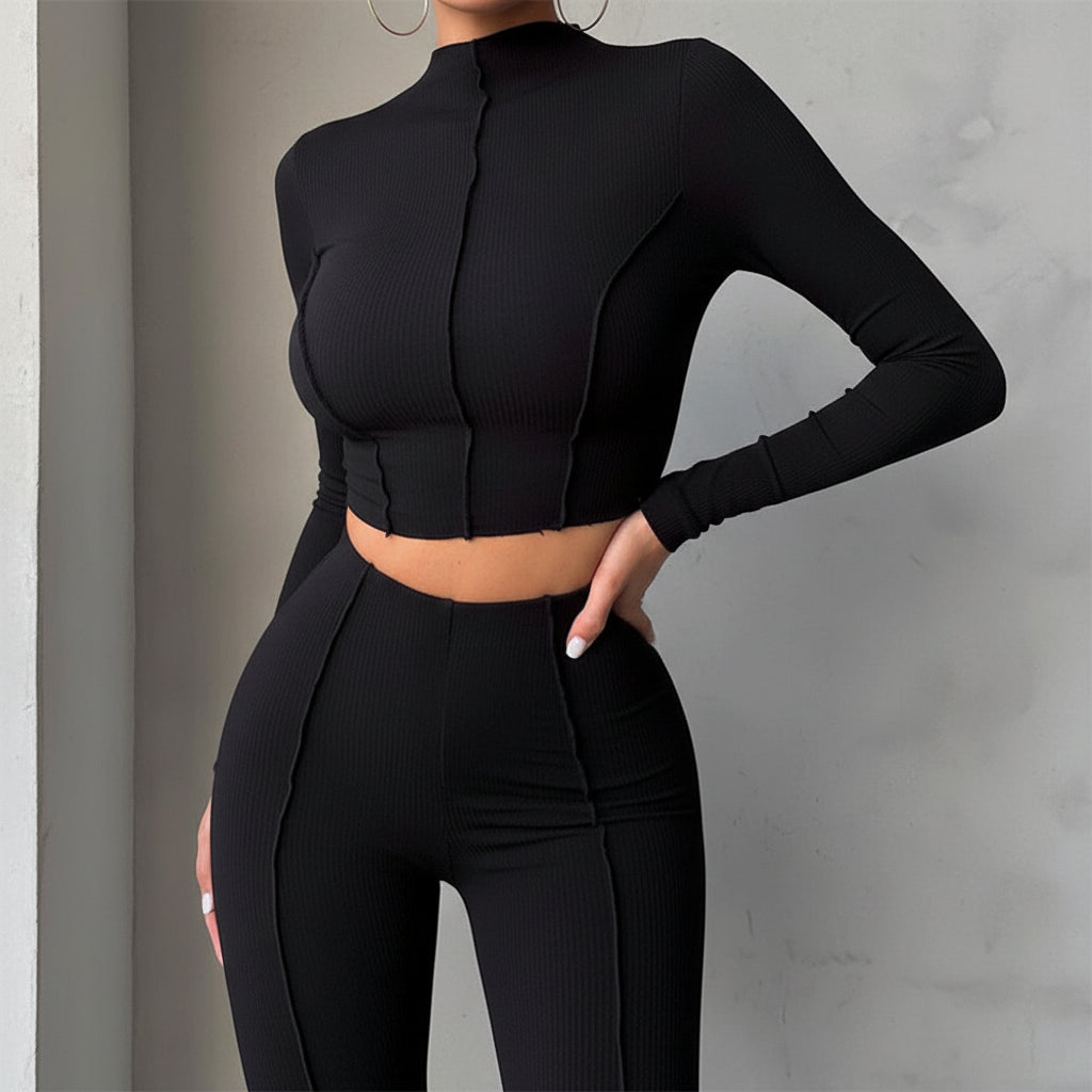 Women's Urban Style Two-Piece Set - Long Sleeve Top and High-Waist Pants
