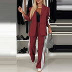 Women's Casual Chic Suit - Notched Lapel Jacket and High-Waisted Striped Trousers