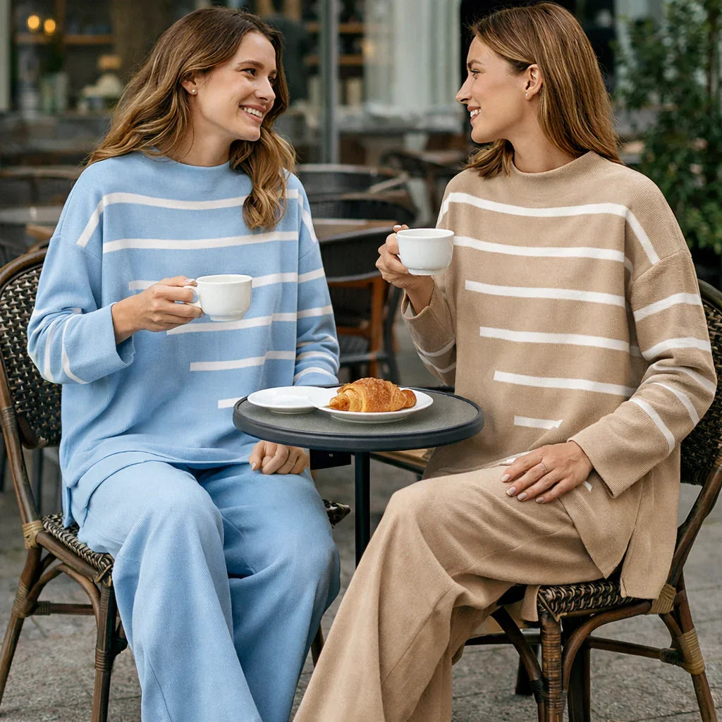 Completo Donna 2 Pezzi - Maglione Collo Alto Righe e Pantaloni