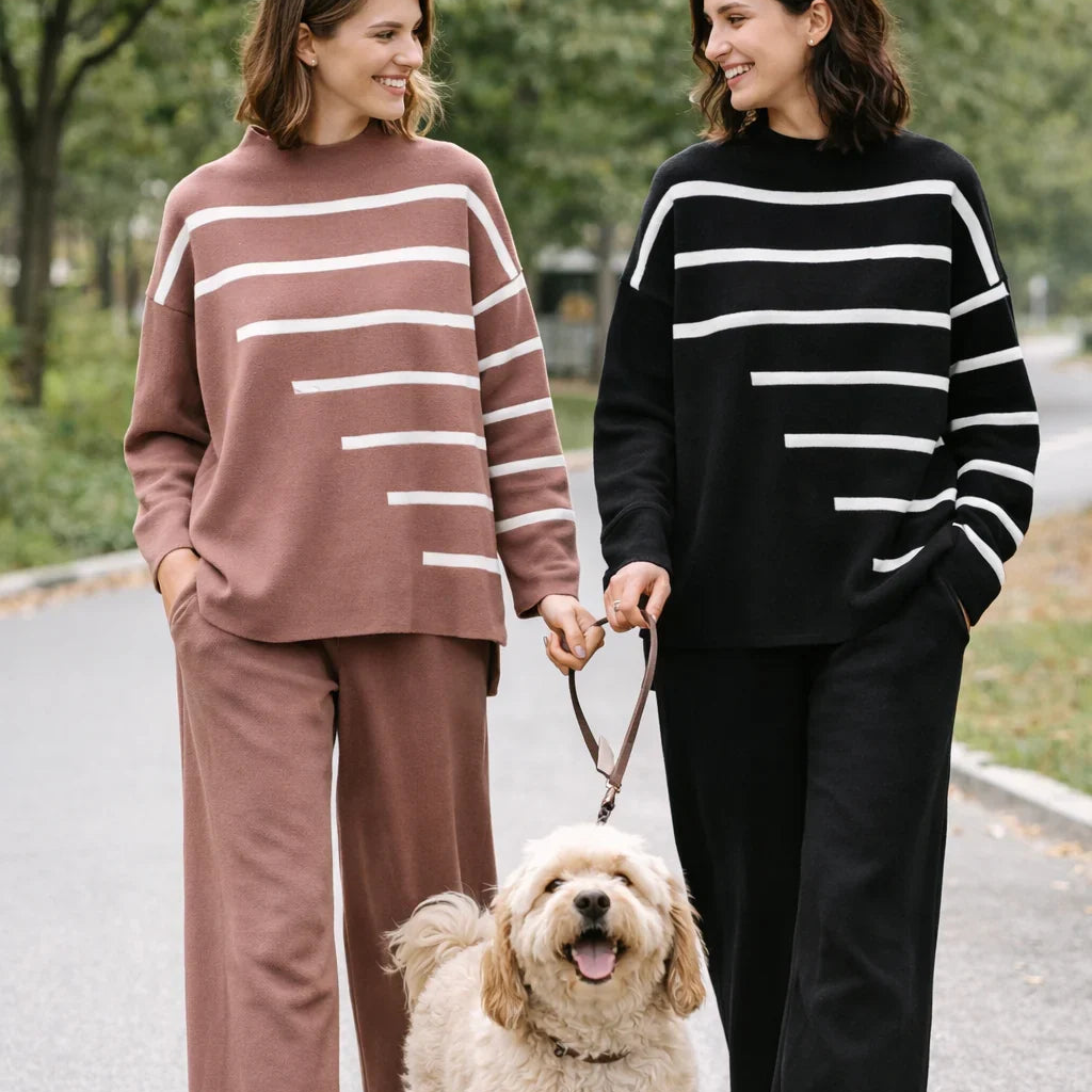 Completo Donna 2 Pezzi - Maglione Collo Alto Righe e Pantaloni