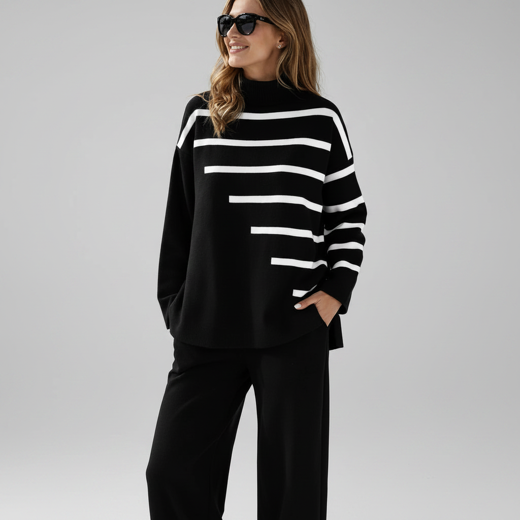 Completo Donna 2 Pezzi - Maglione Collo Alto Righe e Pantaloni