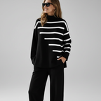 Completo Donna 2 Pezzi - Maglione Collo Alto Righe e Pantaloni