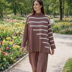 Completo Donna 2 Pezzi - Maglione Collo Alto Righe e Pantaloni