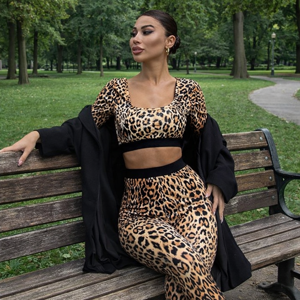 Completo Donna 2 Pezzi - Top Maniche Lunghe e Pantaloni Zampa Stampa Leopardata