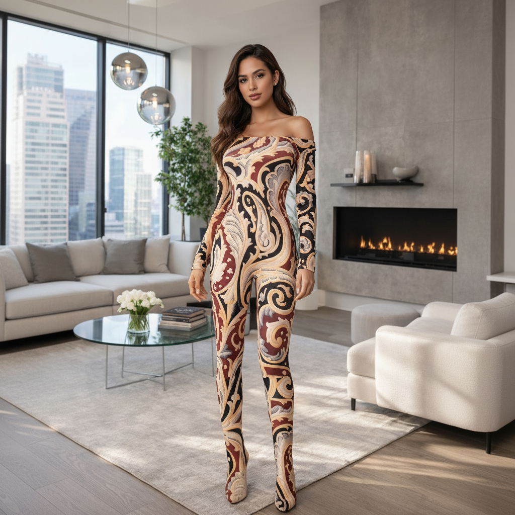 Women's Jumpsuit - One Shoulder Long Sleeve Slim Fit Colorful Print