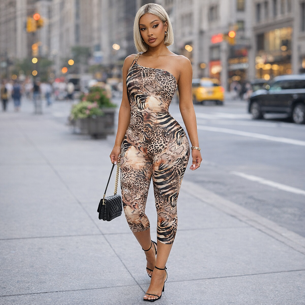 Women's Leopard Print One-Shoulder Jumpsuit - Fitted Sleeveless Elegant Style