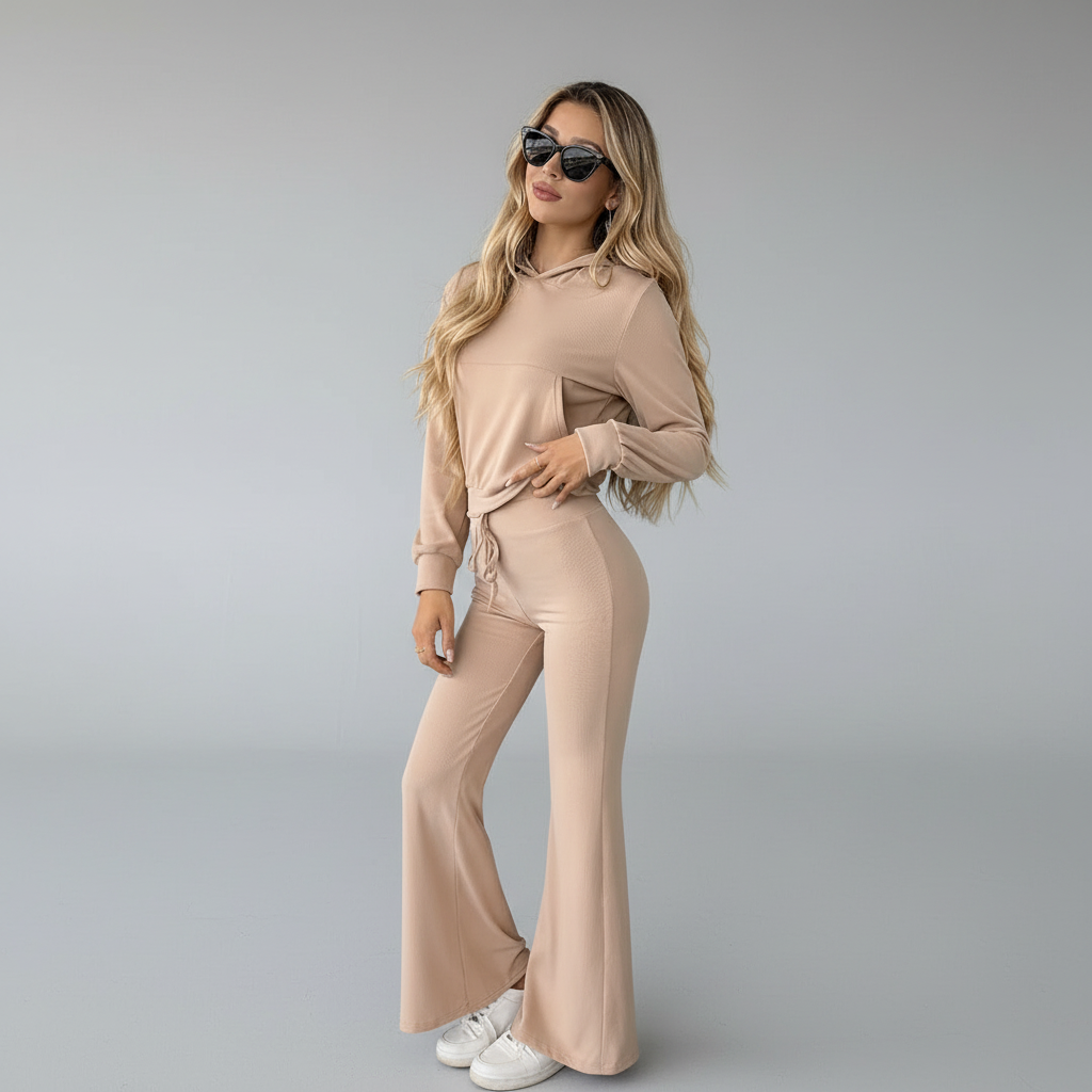 Women's 2-Piece Khaki Set - Hoodie and Pants Autumn Winter
