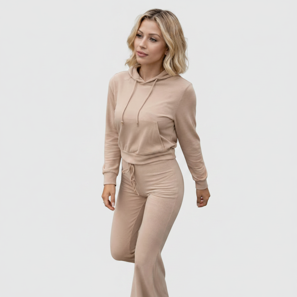 Women's 2-Piece Khaki Set - Hoodie and Pants Autumn Winter