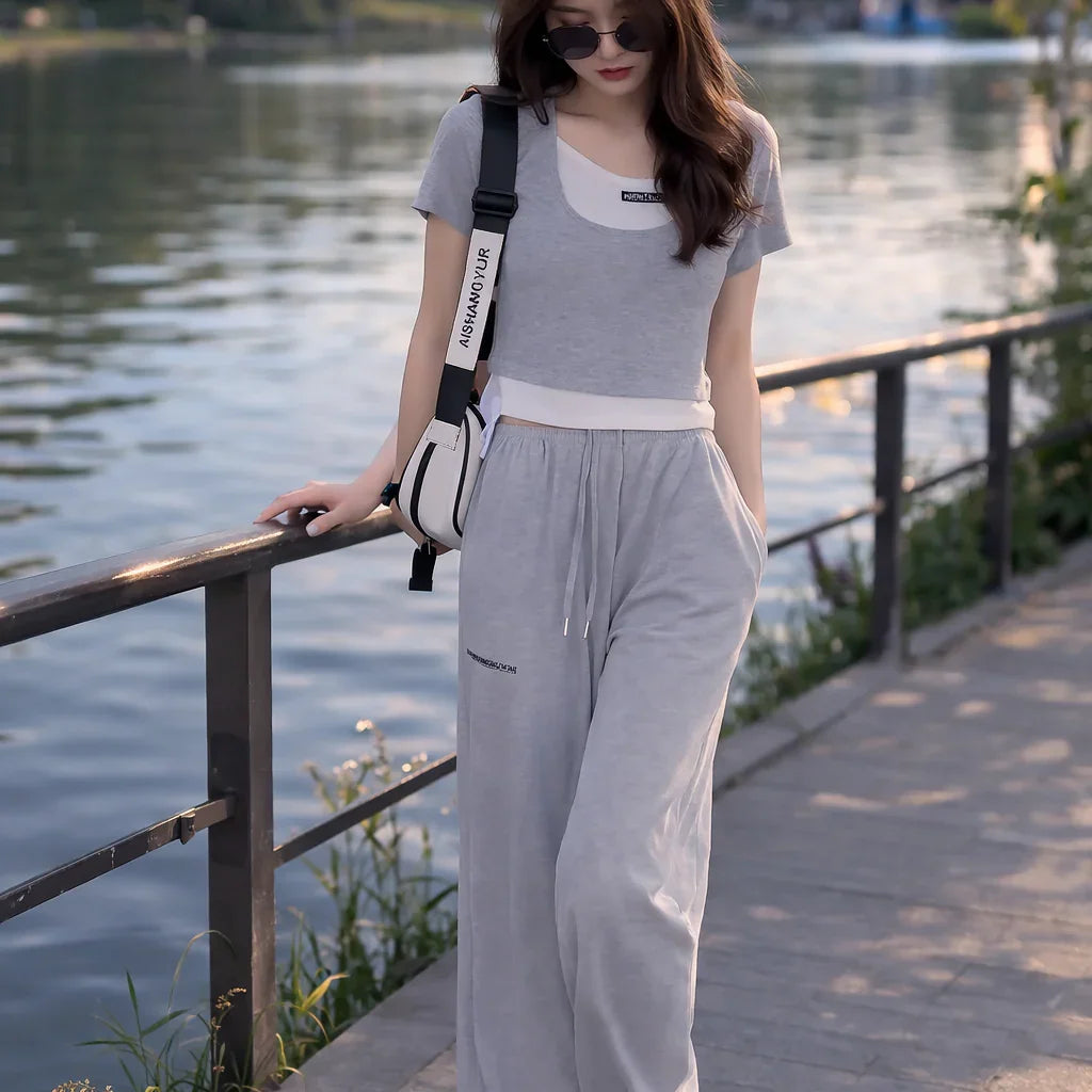 Completo Donna 2 Pezzi - Top Effetto Due Pezzi Color Block e Pantaloni Wide-Leg