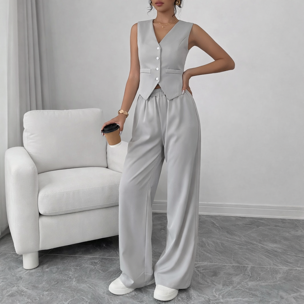Women's 2-Piece Elegant Outfit - Sleeveless Single-Breasted Vest and Long Pants